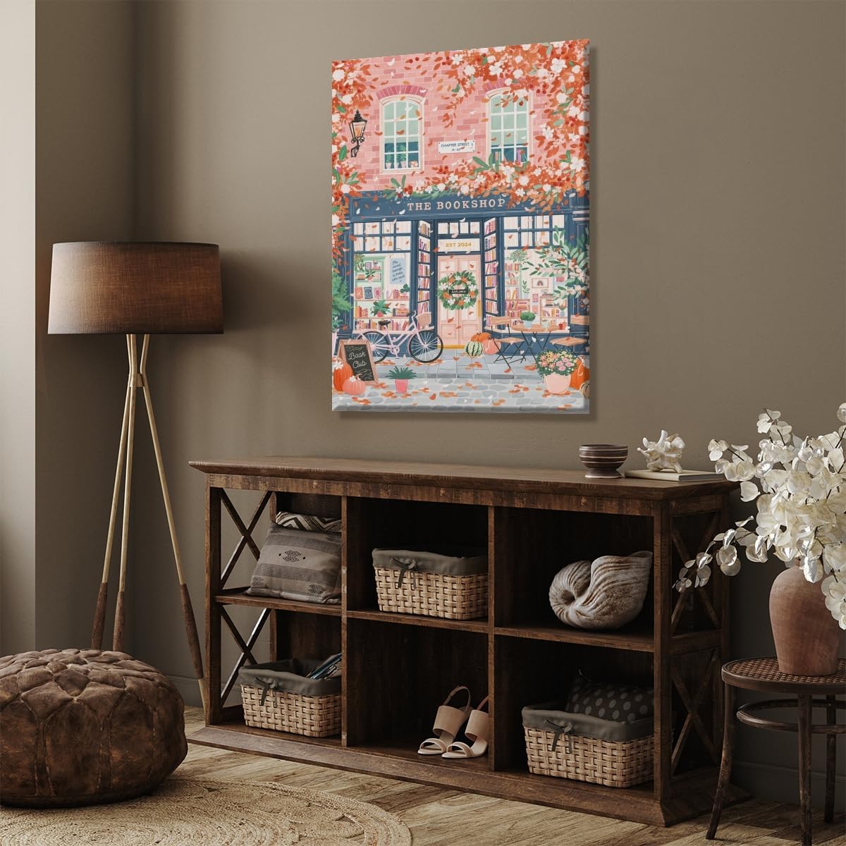 Autumn Romantic Bookshop Wall Art Pink Girly Preppy Wall Decor Aesthetic Fallen Flowers Print Cherry Dlossom library Canvas art Poster for Girl Bedroom Study Decor Unframed12x18inch
