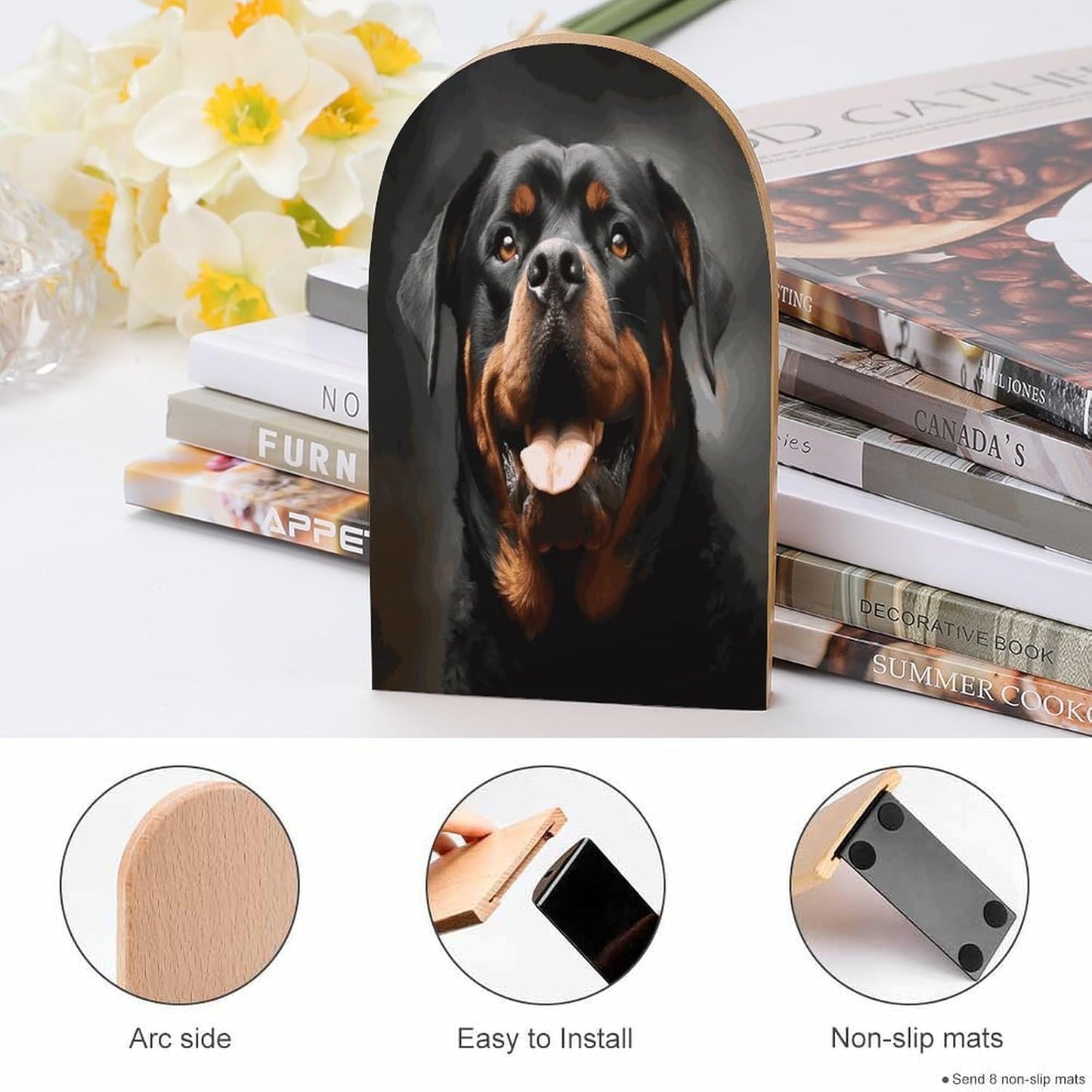 Cool Rottweiler Dog Art Bookends 1 Pair Heavy Duty Book Ends for Shelves Non-Skid Bookend Supports Wooden Book Holders with Metal Base Desk Organizers Books Storage to Hold Books