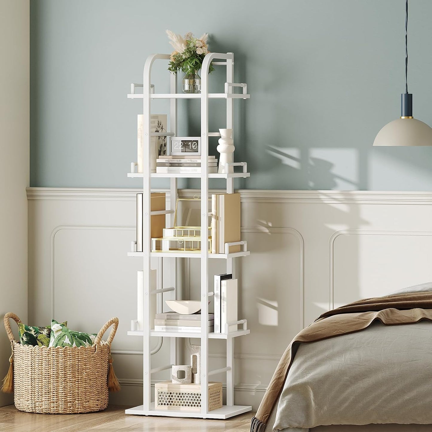 5 Tier Rotating Bookshelf, Freestanding Corner Bookshelf, 360 Spinning Bookcase Tower, Tall Industrial Style Organizer, Storage Shelf Bookcase for Living Room, Study, White SJ02WW