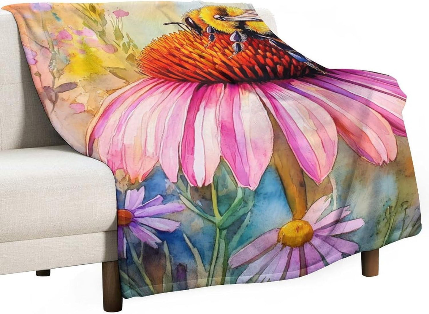 Bee Flowers Throw Blanket for Couch Bed Plush Cozy Fuzzy Flannel Blanket for All Season 40"x60"