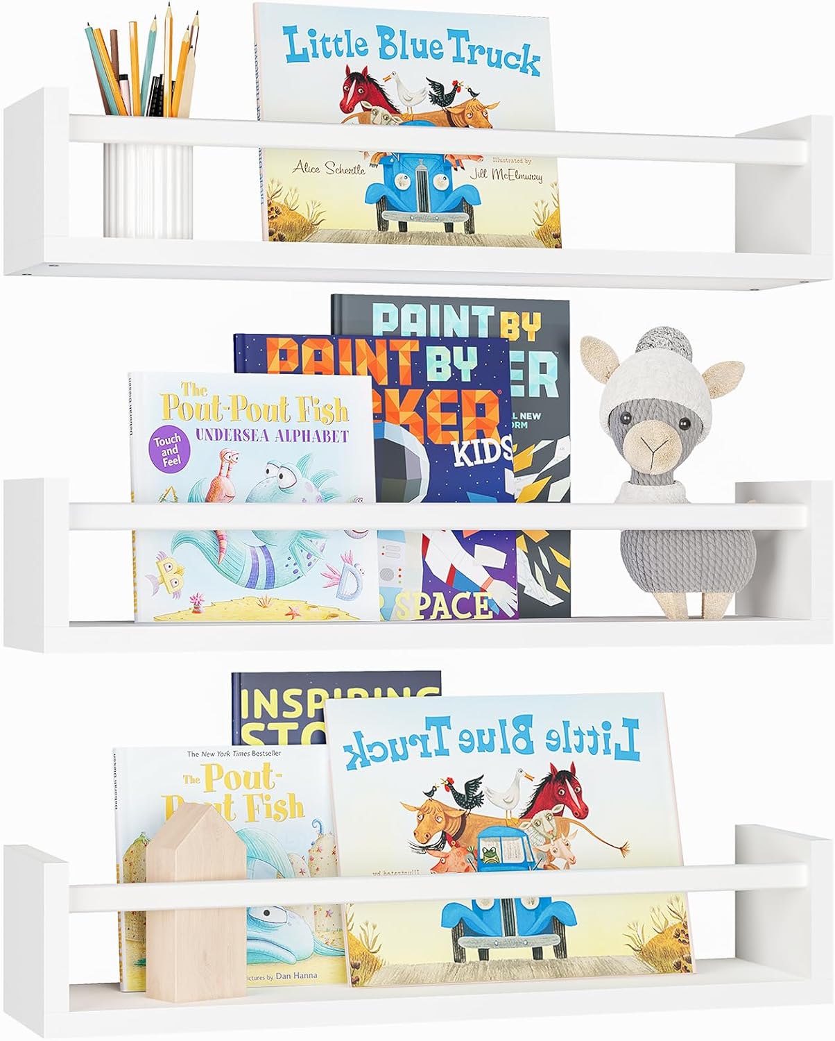 Fixwal Floating Bookshelves for Wall, 16.5 Inch Wood Nursery Book Shelves Set of 3, Baby Kids Decor, Solid Wood Wall Mounted Shelves for Books, Toys and Decor Storage (White)
