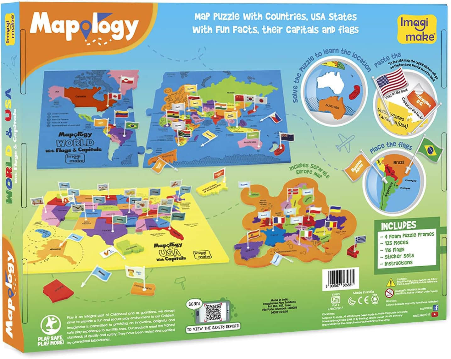 Imagimake Mapology USA & World Map Puzzle with Flags, Capitals, Stickers | Educational Toys for Ages 5-7 | Jigsaw Puzzles for Kids Ages 8-10 | Geography Toys | Easter Gifts for 6 Year Old Girl & Boy