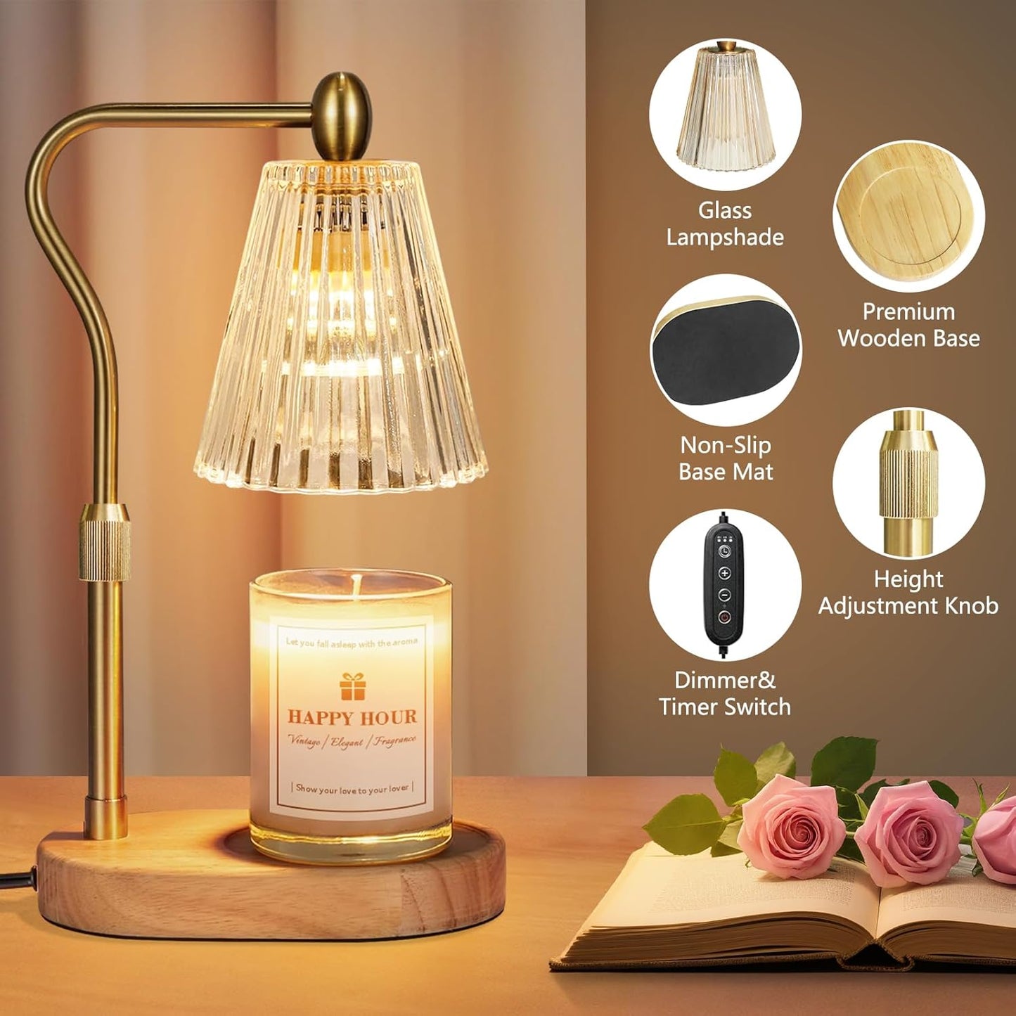 Candle Warmer Lamp, with Timer and Dimmer, Adjustable Height, Mother' s Day Gifts for Mom, Birthday Gifts for Women, House Warming Gifts Room Decor, Wax Warmer for Jar Candles(Amber)