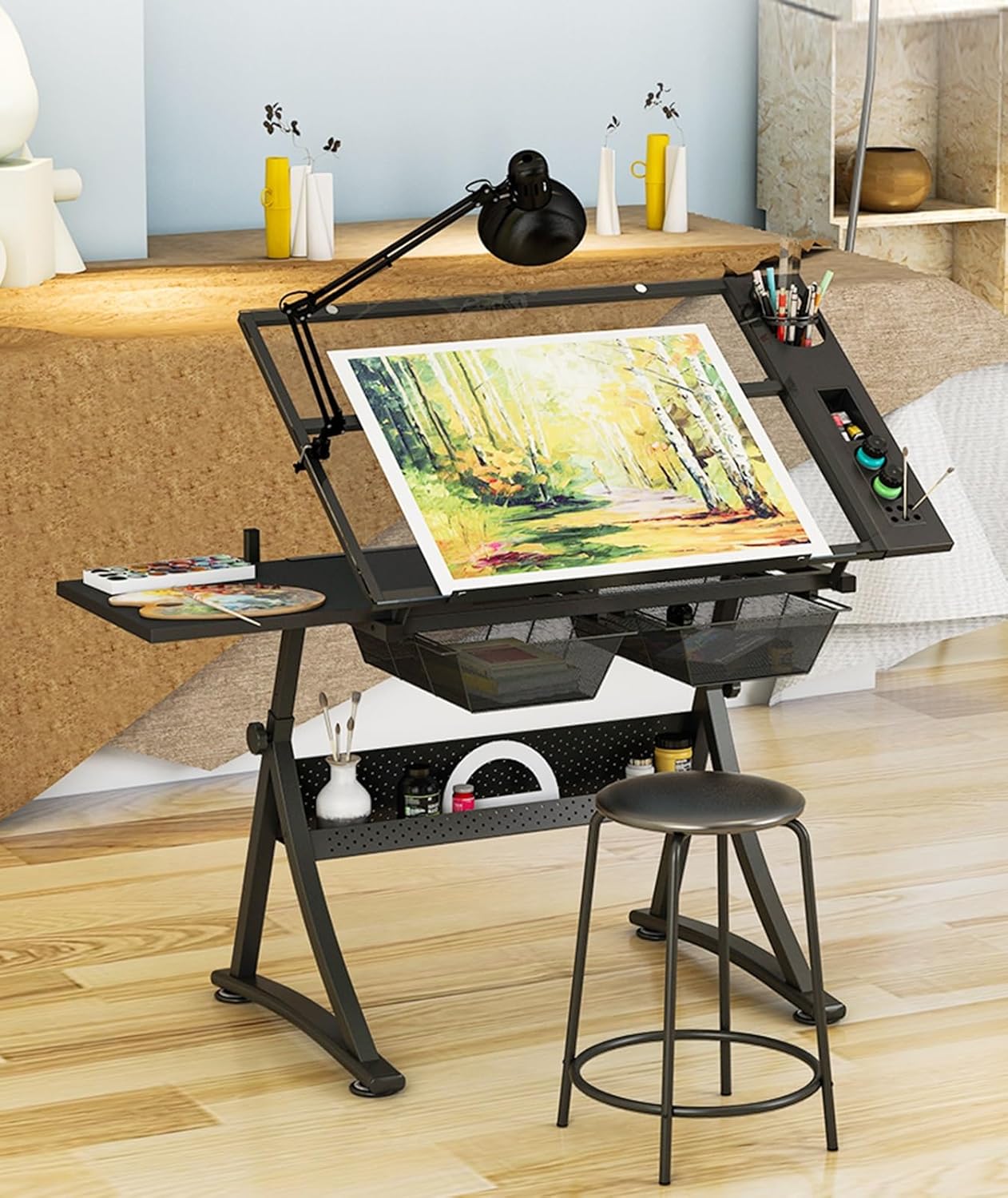 Drawing Tilting Tablet,(Glass Drafting Work Station with Stool, Art Craft Table, Adjustable Height(29.1"-36.6") & 0°-80° Tiltable Tabletop, Drawing Desk for Studio Home Office School)
