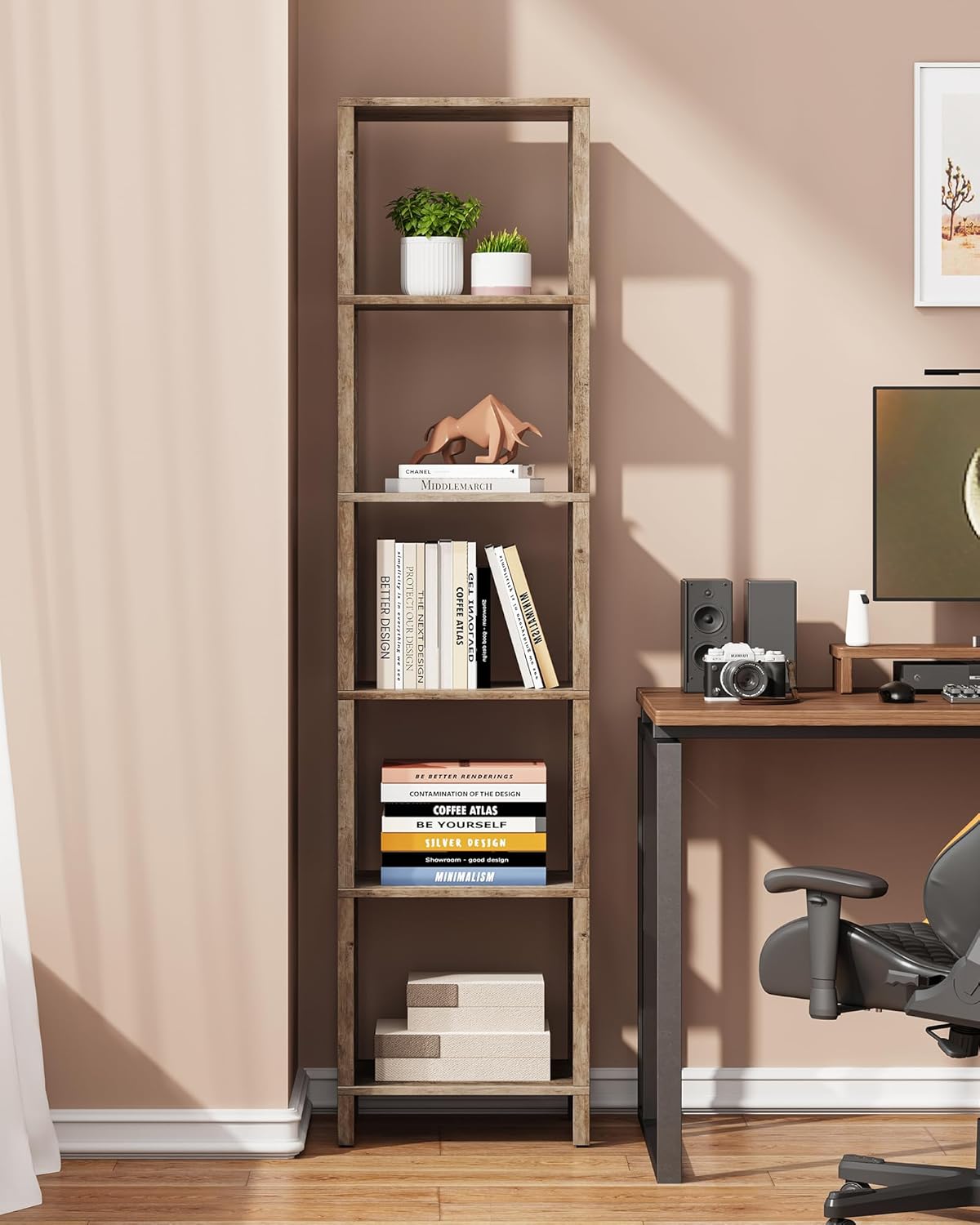 TUTOTAK Bookshelf, 6-Tier Tall Book Shelf, Narrow Bookcase for Small Space, DIY Stackable Bookshelf, for Living Room, Office, Study, Entryway, Industrial, Pure Greige BS01BG006G
