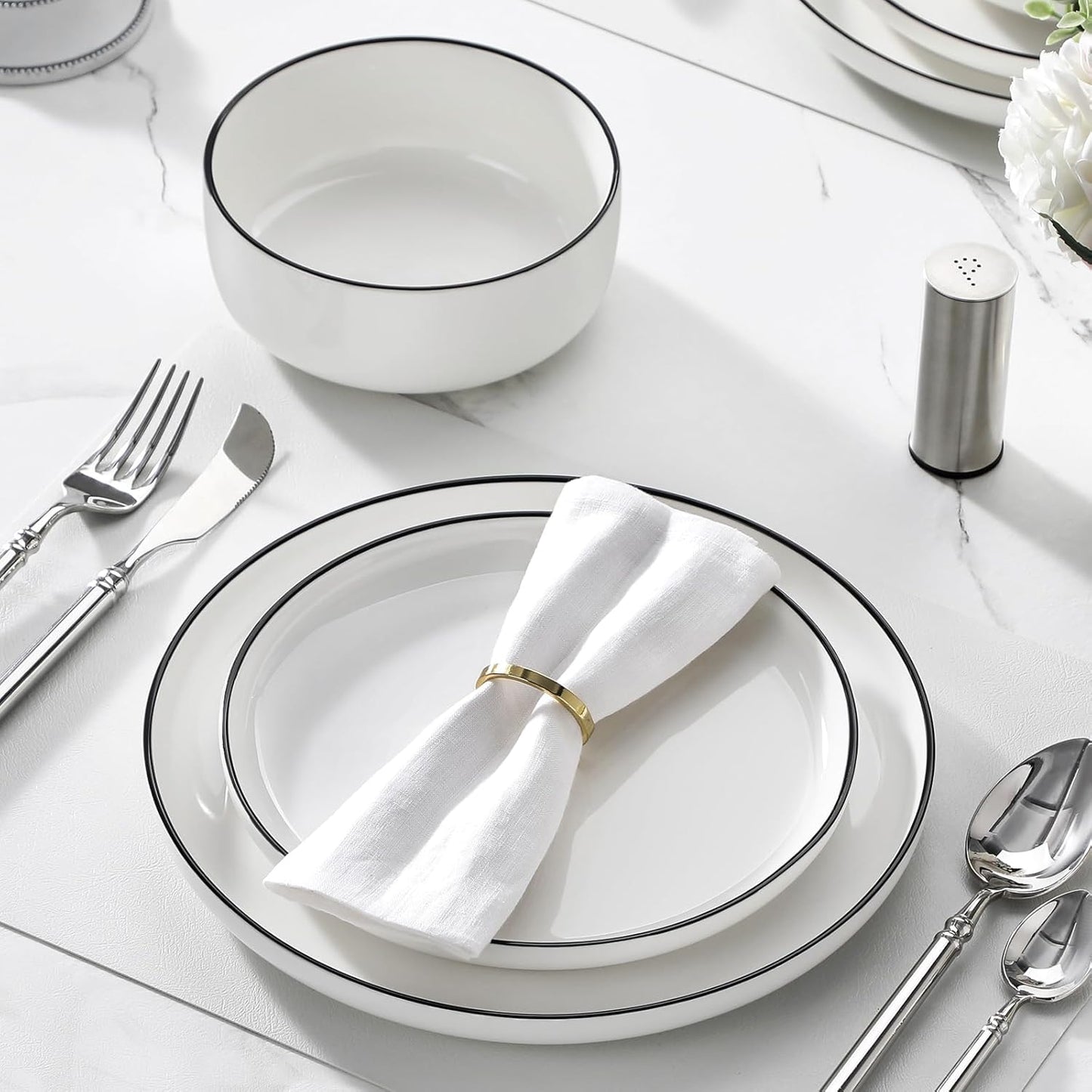 MALACASA Plates and Bowls Sets, 12 Pieces Modern Porcelain Dinnerware Set for 4 White Kitchen Dinner Dining Ware Set wtih Black Rim Ceramic Dishware Dishes Microwave and Dishwasher Safe, Series LUNA