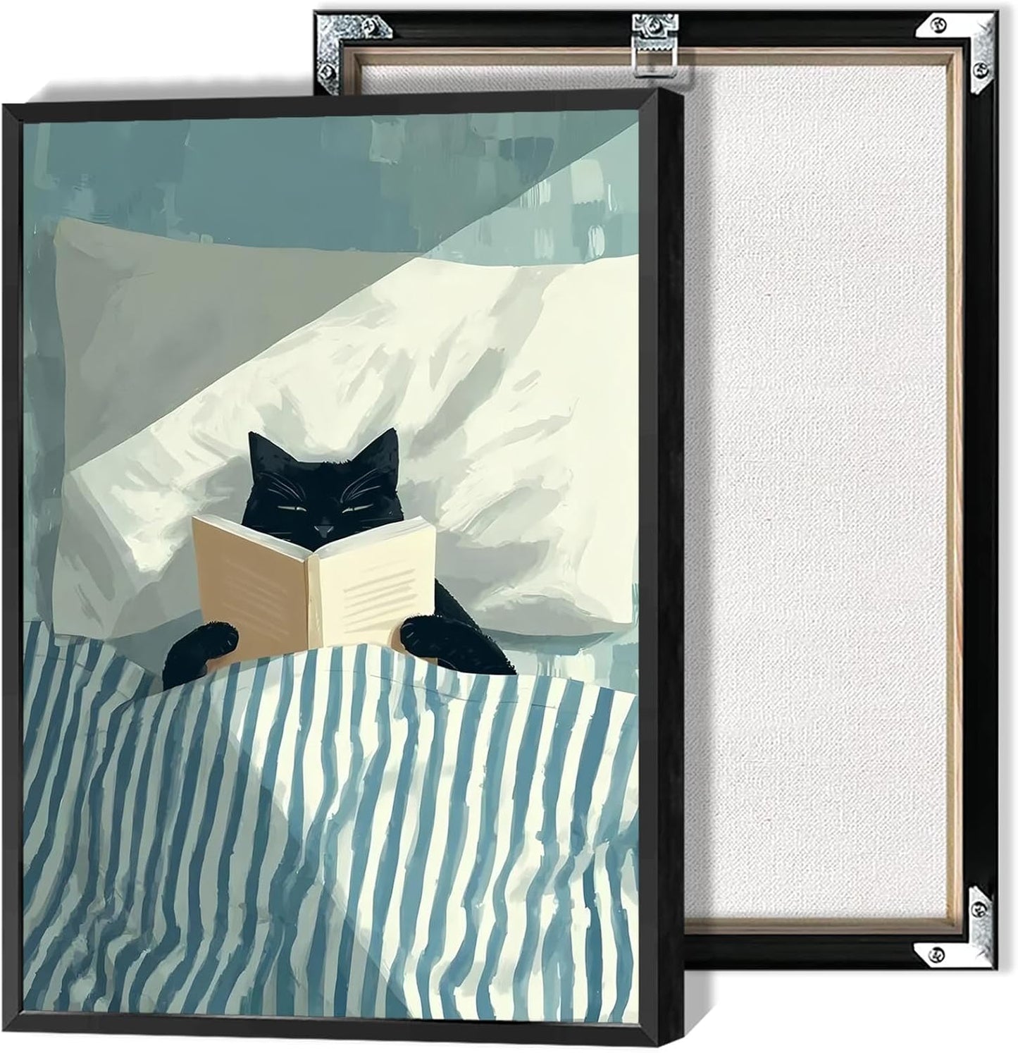 Funny Black Cat Reading Poster Trendy Animal In Bed Canvas wall art Minimalist abstract Pet Aesthetic watercolor Prints Painting For Living Room Bedroom Office Wall Decor 12x16in Unframed