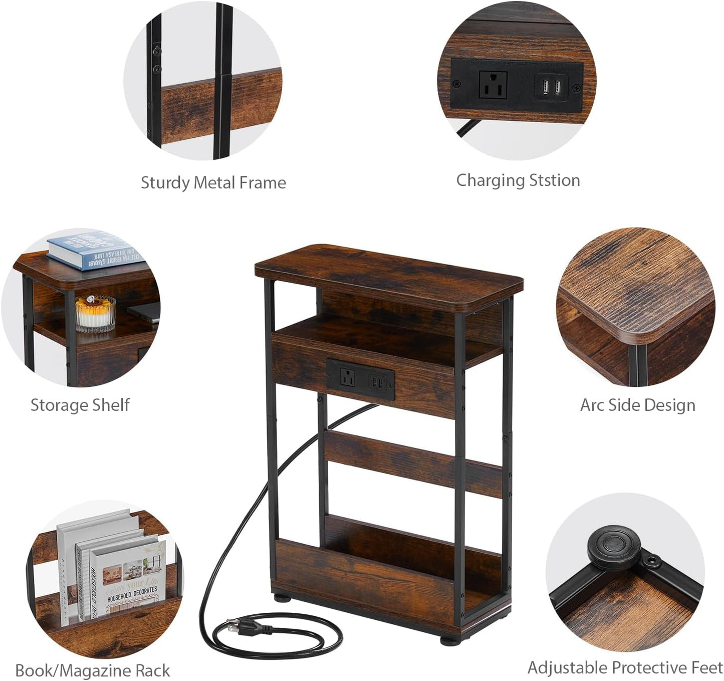 Narrow Side Table With Charging Station, 3-Tier End Table with 2 USB Ports & Power Outlets,Thin Sofa Side Table for Narrow and Small Spaces, Bedside Table Nightstand for Living Room,Rustic Brown