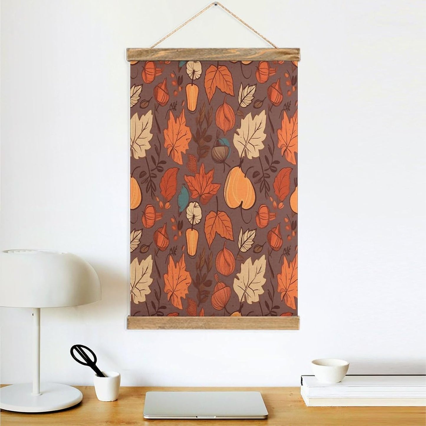 Vintage Fall Poster with Wooden Frame Personalized Linen Hanging Scroll Painting Rustic Wall Hanging Illustrative Modern Artwork Decor for Home Living Room Bedroom Office