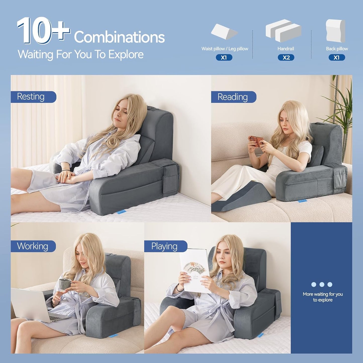 Kayfia Reading Pillow, 10 in 1 Back Pillow for Bed Sitting up with Detachable Arms Rest, Back Rest with Gel Memory Foam, Reading/Gaming/Working in Bed or Couch 19", Gray
