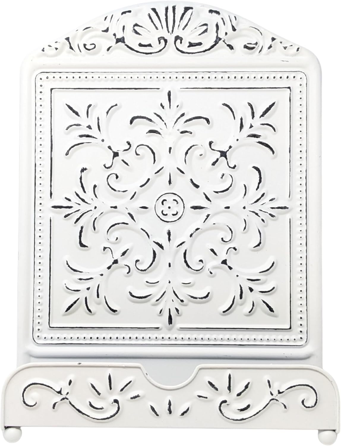 Metal Recipe Book Stand – White Ornate Cookbook Holder with Floral Design – Distressed Vintage-Style Decorative Easel for Kitchen, Farmhouse Decor, Counter Display – Great Gift for Moms & Cooks