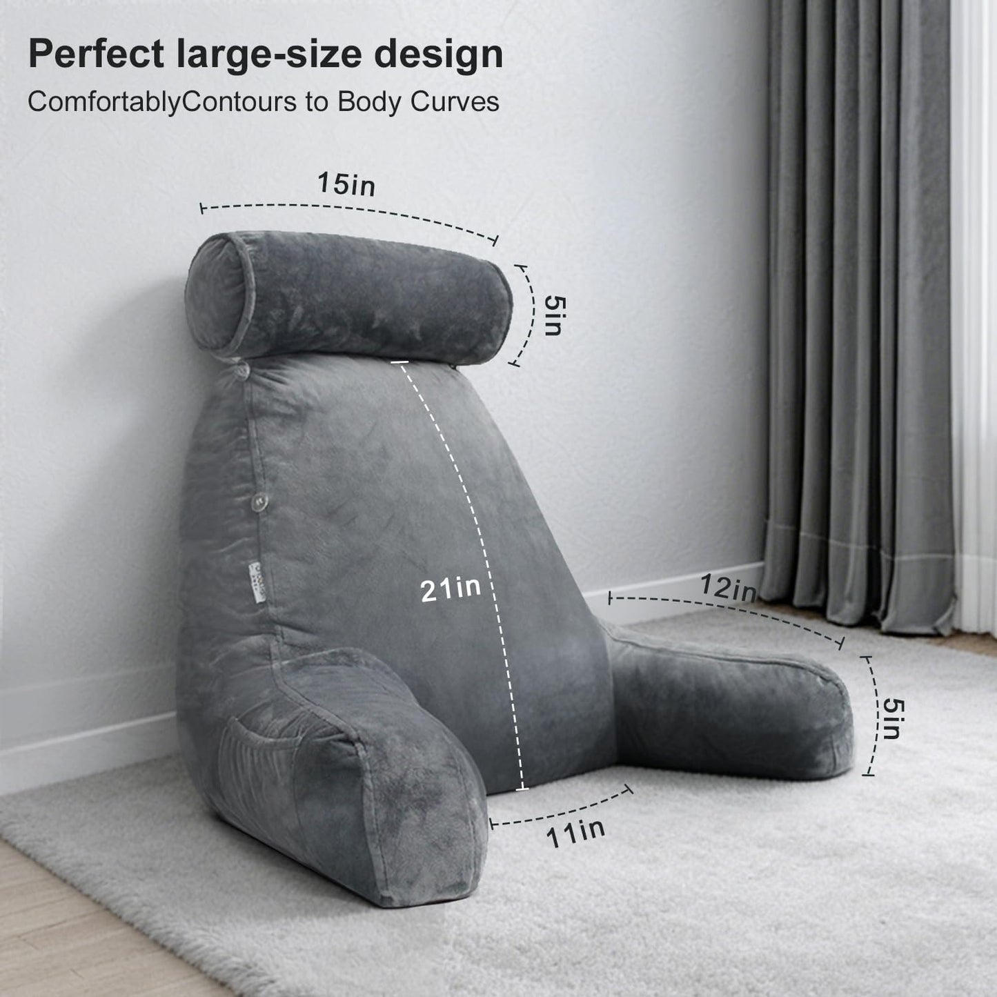 Extra Large Reading Pillow for Sitting in Bed Adult with Detachable Neck Support Cushion & Backrest Pillow for Bed with Arms and Side Pocket Shredded Foam Back Pillow with Washable Cover