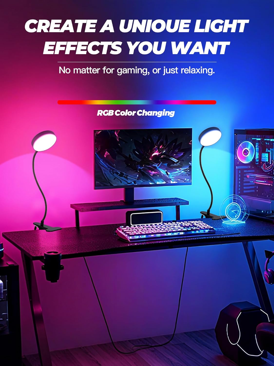 Desk Lamp,10 Colors RGB&Warm White Desk Light,10 Brightness Dimmable Clip on Lamp,500LM Bright Reading Light,USB Adapter Table Lamp for Office,Computer,Work,Study,Craft,Bedside Table,Bedroom