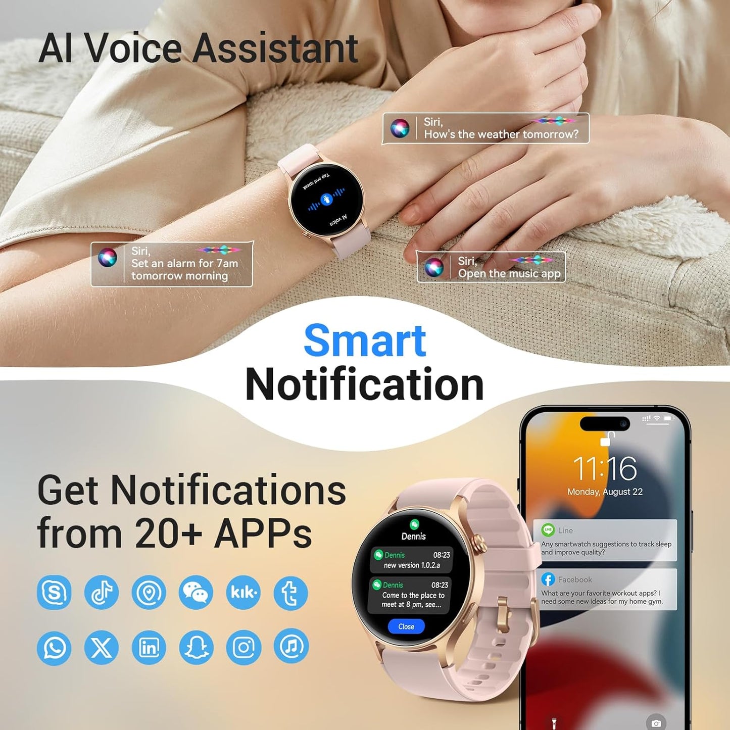 Fitpolo Smart Watch for Women,1.3" AMOLED Touchscreen Fitness Tracker, Make/Answer Calls, Heart Rate SpO2 Monitor, IP68 Waterproof, Sleep & Activity Tracking Smartwatch for Android Phones iPhone