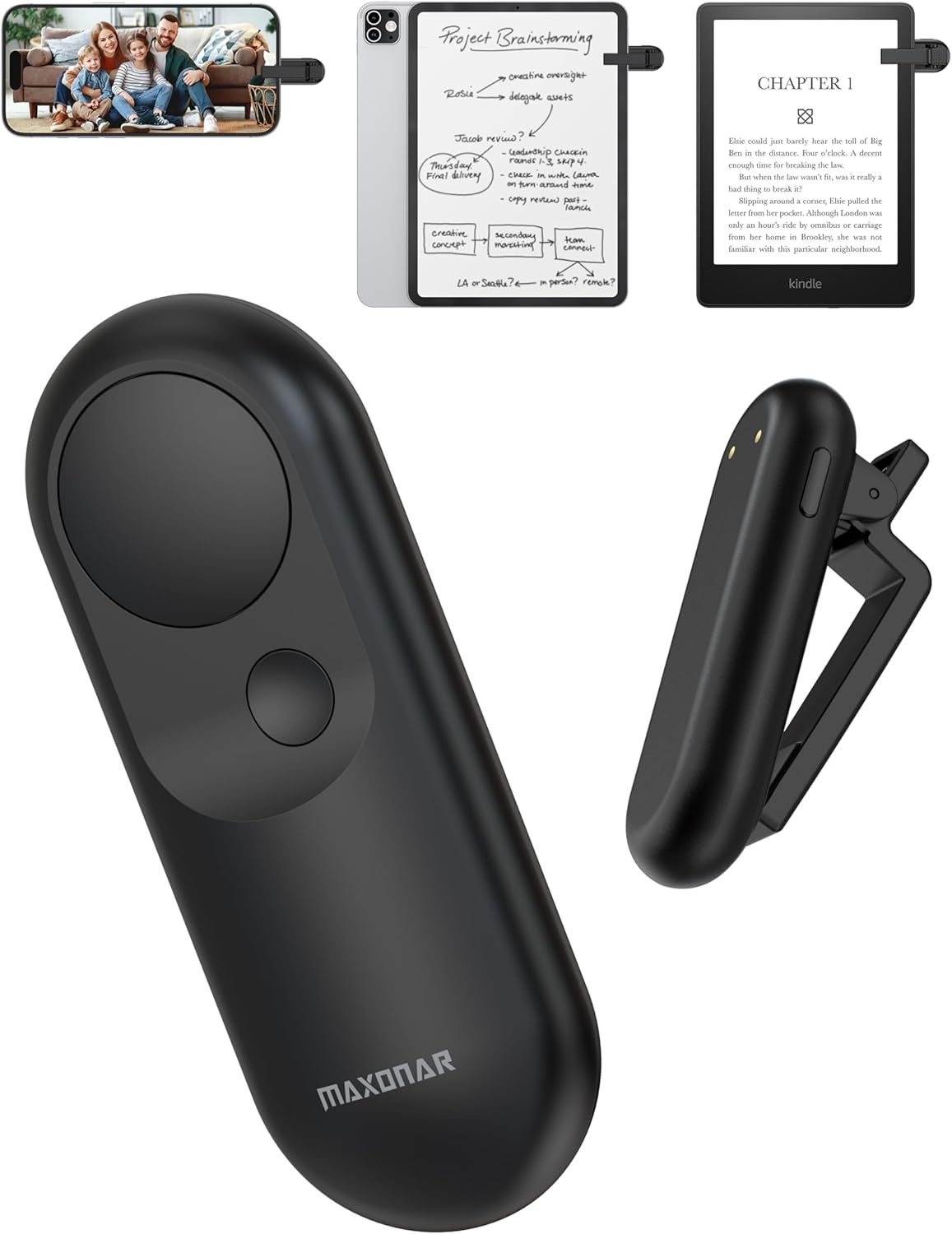 Maxonar Magsnap Remote Page Turner for Kindle Paperwhite/Oasis & Kobo, Never Lose Parts, 100-Hour Battery, RF Connection, 2-in-1 Page Clicker Works with Tablet/iPad, Ideal Gift for Book Lovers (Black)
