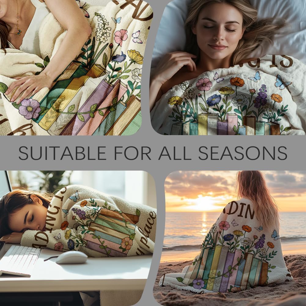 GLOBLELAND Books Flowers Throw 59x51 inch Butterflies Flannel Blanket for Book Lovers Washable Fuzzy Throw Blanket for Couch Chair Sofa Bed Dorm Bedroom Home