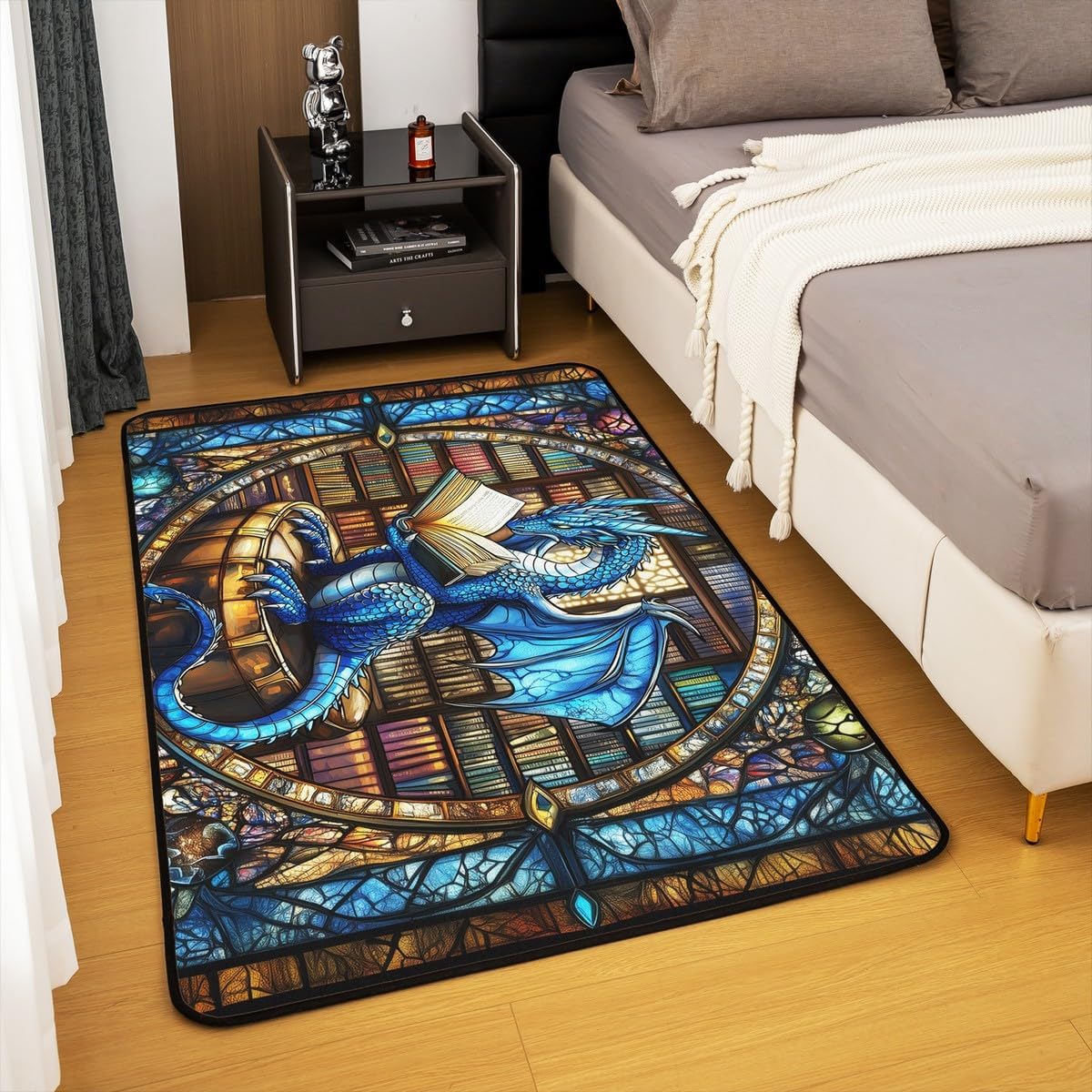 Western Dragon Kids Area Rug,Blue Dragon Reading Book Bookshelf Mats Rugs for Boys Girls,Geometric Patchwork Abstract Bath Carpets,Trippy Chic Bath Rugs,Absorbent Floor Mats,5'x6'6''