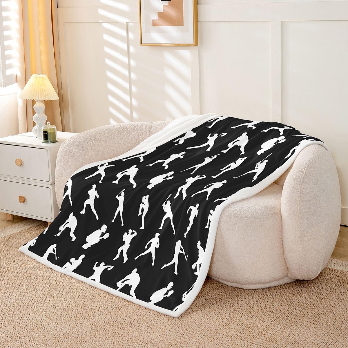 Feelyou Black White Baseball Throw Blanket Sports Game Soft Fleece Sherpa Cozy Fuzzy Plush Warm Baseball Player Fuzzy Plush Throw Ball Games Baby 30"x40" for Bed Couch Living Room
