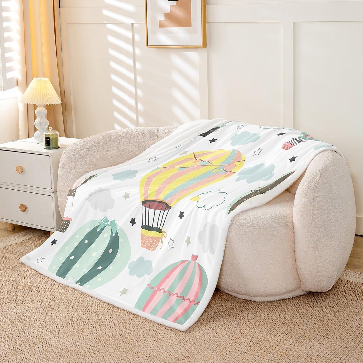Hot Air Balloon Bed Blanket Star and Cloud Throw Blanket Soft Cozy Luxury Starry Sky Fleece Blanket Colorful Hot Air Balloon Flannel Blanket for Sofa Bedroom Office Travel All Season(Twin 60"x80")