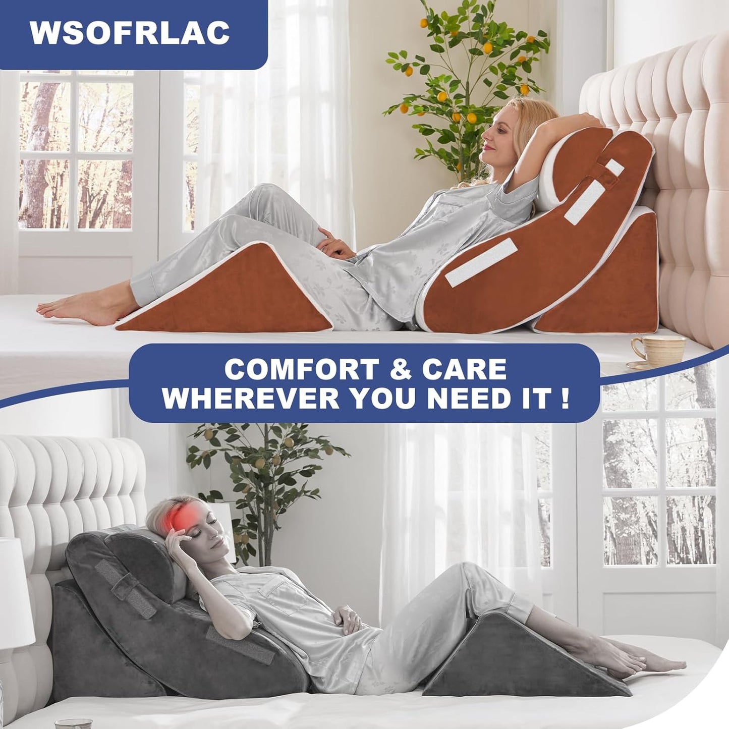 Orthopedic Bed Wedge Pillow Set 4PCS – Memory Foam Pillows for Sleeping, Post Surgery, Back Pain, Sitting Up in Bed, Acid Reflux, Snoring, Leg & Arm Support, White Brown
