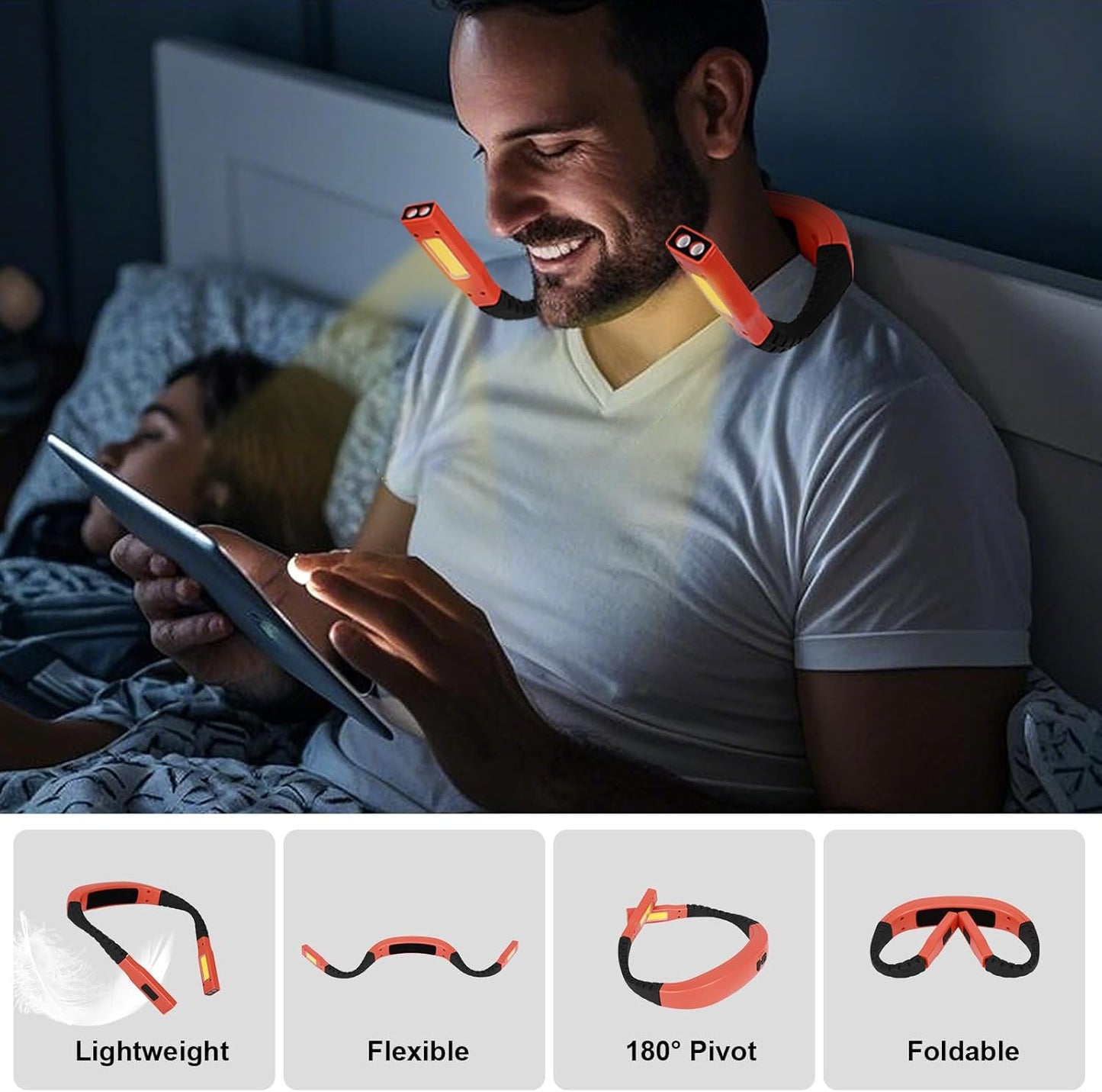 Neck Reading Light Orange LED Brightness Rechargeable 10-80Hrs Bendable Book Lamp for Reading in Bed Knitting Camping Repairing Reading Lovers Gifts