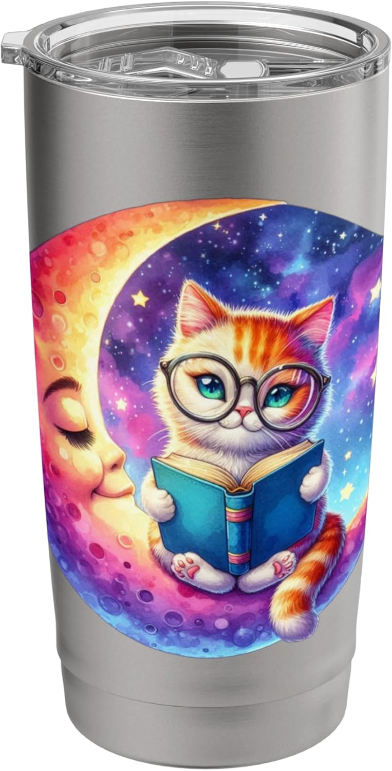 Cat Reading Book On Crescent Moon Watercolor Teacher Graphic Stainless Steel Insulated Tumbler