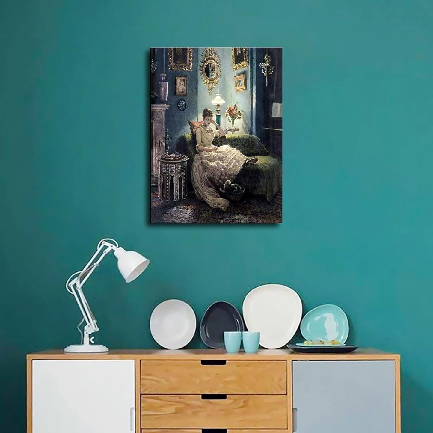 Victorian Vintage Woman Reading Quietly Female Portrait Poster Canvas Pictures Print Wall Art for Living Room Bedroom Bathroom Preppy Dorm Home Decor (20x27inch Framed)