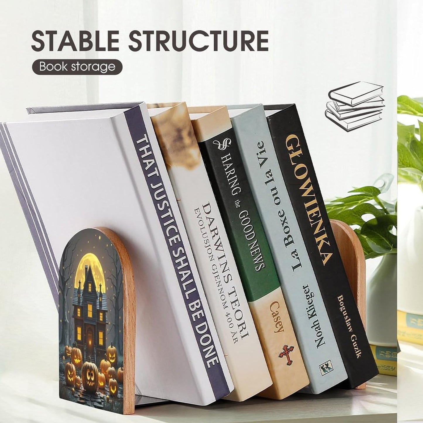 Halloween Night Bookends 1 Pair Heavy Duty Book Ends for Shelves Non-Skid Bookend Supports Wooden Book Holders with Metal Base Desk Organizers Books Storage to Hold Books