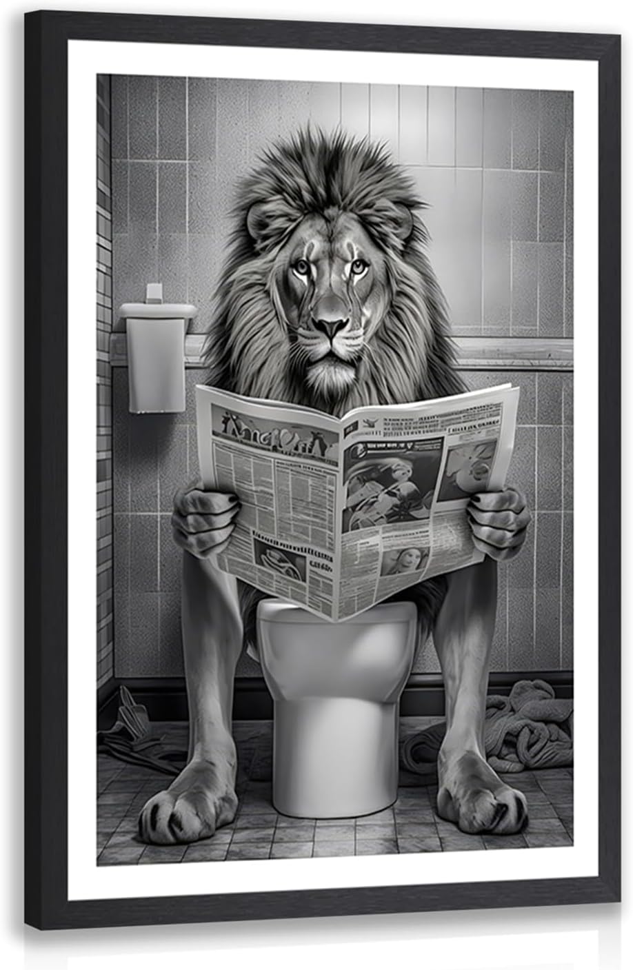 LERVR Wood Framed Funny Lion Bathroom Wall Art, Lion Reading Newspaper Toilet Wall Decor, Black and White Bathroom Canvas Print, Whimsical Animal Aesthetic Picture for Powder Room Restroom 12x16 Inch