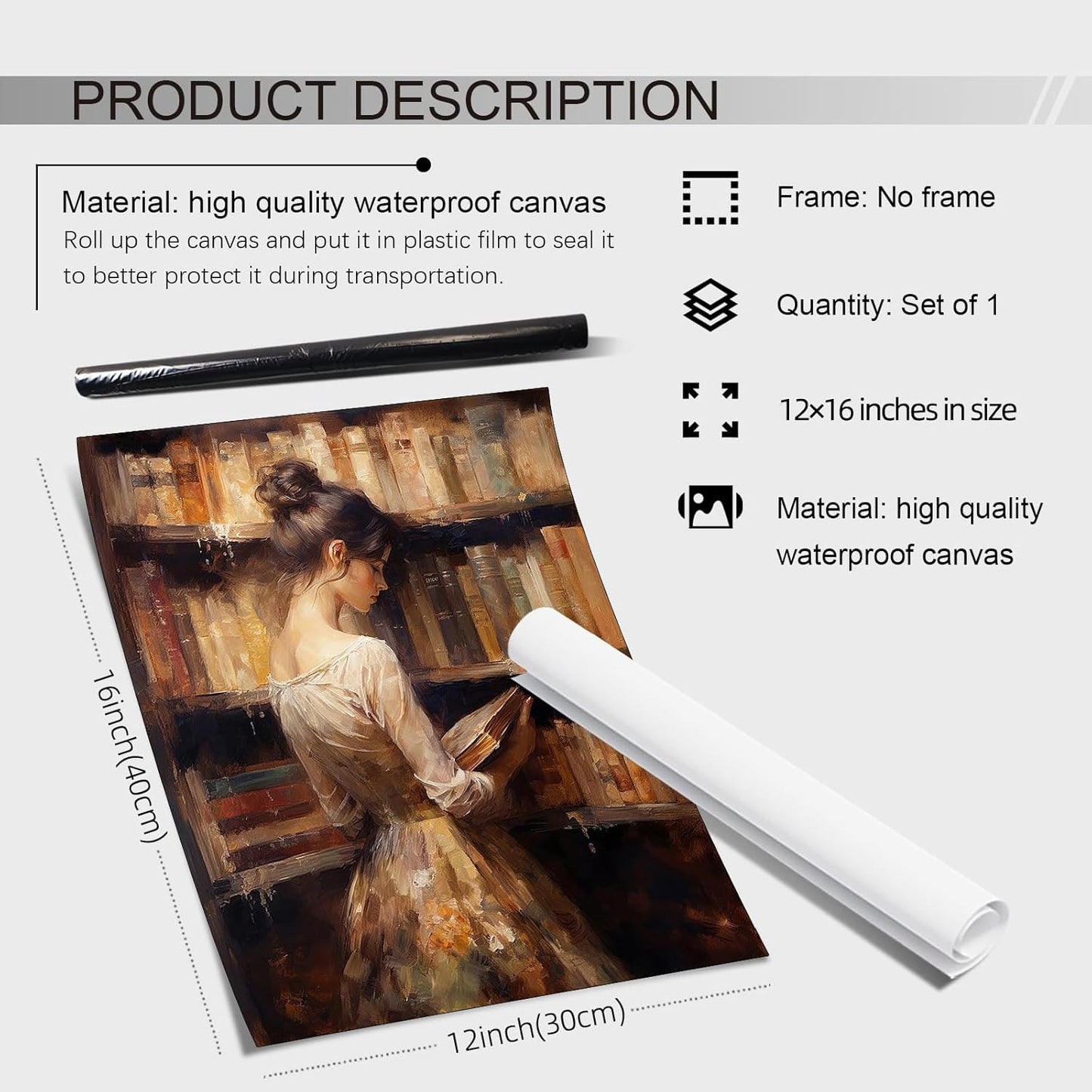 Aimery Vintage Library Posters Retro Oil Painting Wall Art Antique Female Portrait Pictures Girl Reading Book Canvas Prints Famous Aesthetic Wall Decor for Gallery Study 12x16 inch Unframed