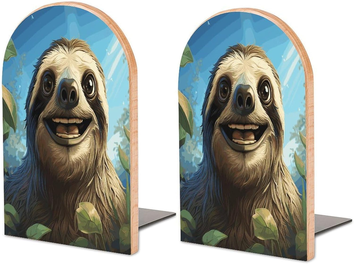 Cartoon Funny Sloth Bookend for Shelves Wooden Book End Large Size Sturdy Book Holders Stoppers with Metal Base for Bookshelves Slick Decorative Bookends Stands