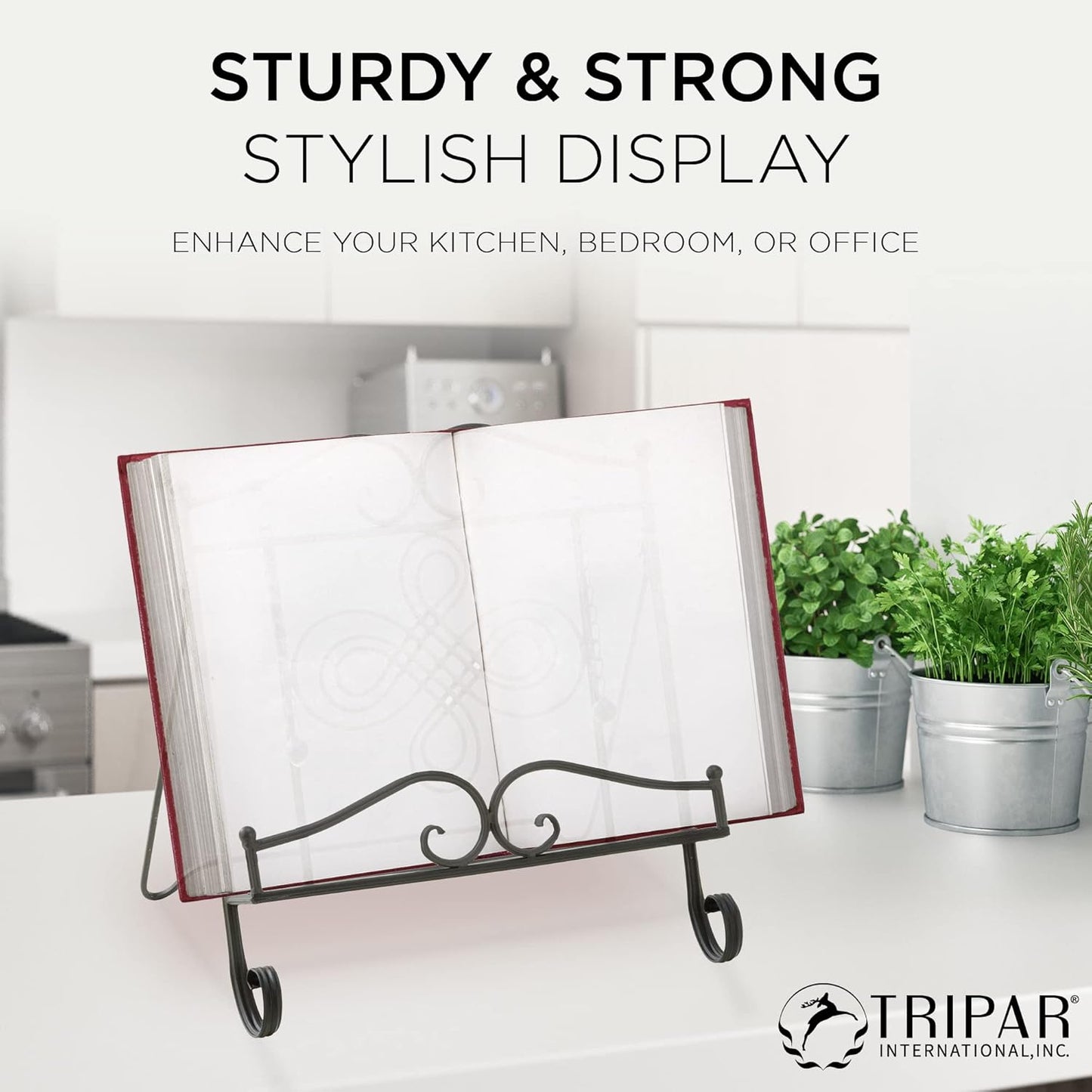 TRIPAR Swirl Design Black Metal Cookbook Stand for Cookbooks, Recipe Holders, Tablets, Catalogs, Portable, Adjustable, Free Standing