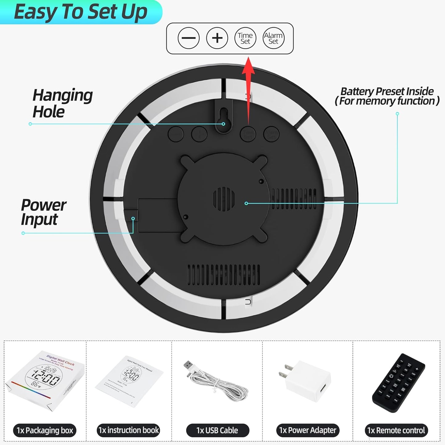 8in Round Digital Wall Clock, Large LED Display, Auto DST, Temperature, Alarm Clocks for Living Room, Bedroom, Office, Classroom, Gym Countdown Timer