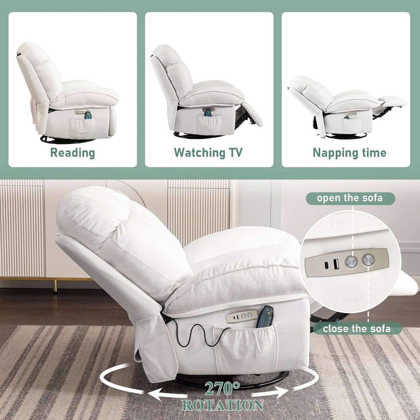 Power Recliner Chair with Massage and Heat Electric Swivel Rocker Recliners Chairs with USB Type-C for Adults Living Room Bedroom Home Theater