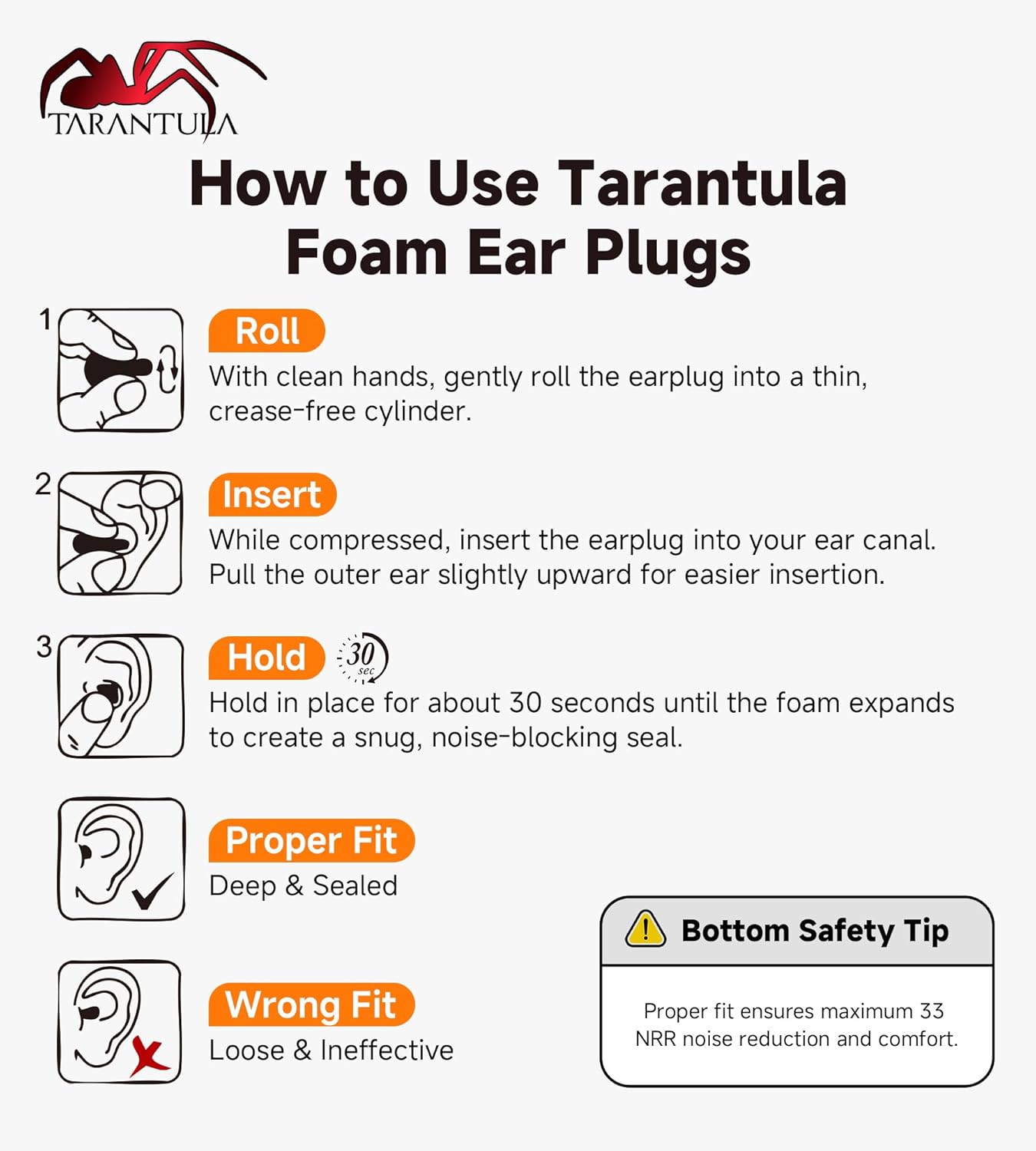 Tarantula 10 Pairs 33 NRR Soft Foam Ear Plugs, Noise Cancelling for Snoring, Loud Noise, Travel, Concerts, Construction, Studying, Work, Shooting – Disposable Hearing Protection, Orange