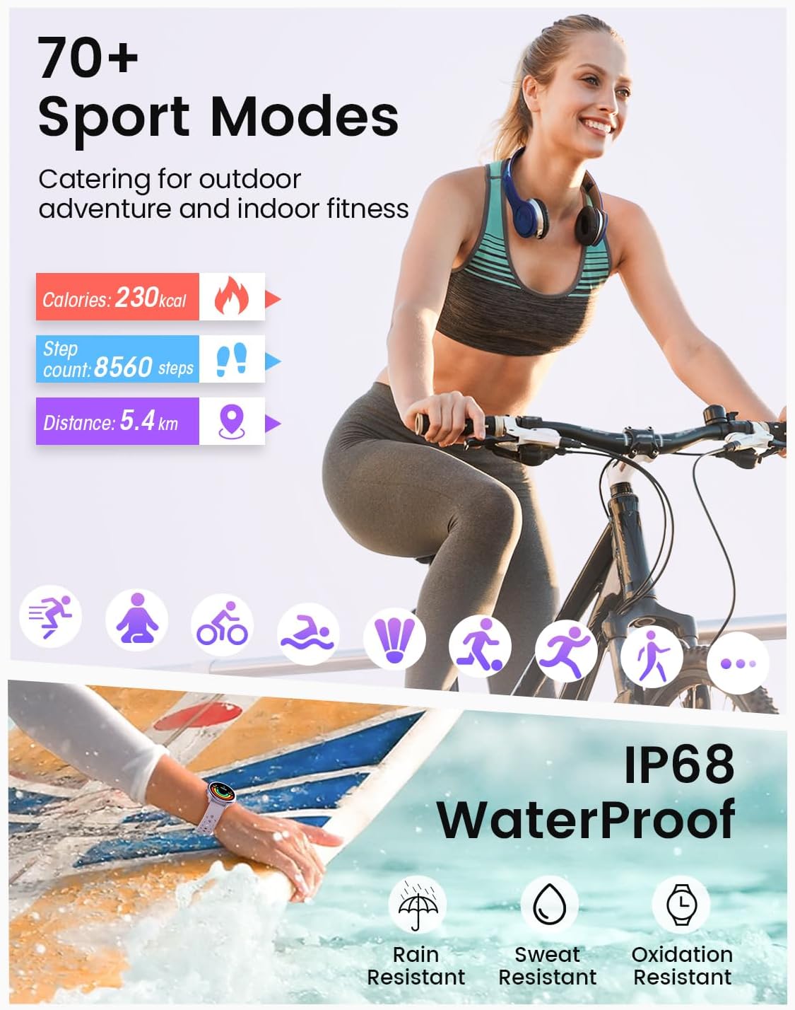 Smart Watches for Women for iPhone/Samsung/Android(Answer/Make Calls),1.27'' AMOLED Screen Activity Fitness Trackers with Heart Rate/Sleep/SpO2 Monitor,120+ Sport Modes IP68 Fitness Watch 2Band Purple