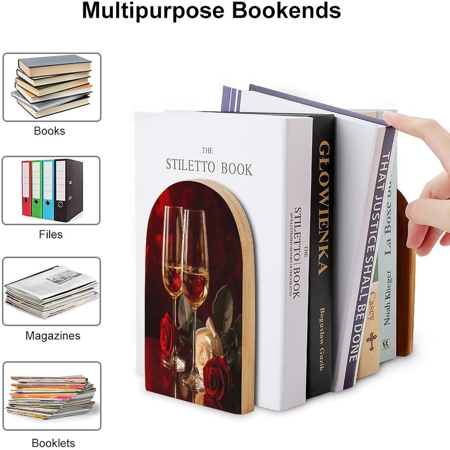 Two Glasses of White Wine Bookend for Shelves Wooden Book End Large Size Sturdy Book Holders Stoppers with Metal Base for Bookshelves Slick Decorative Bookends Stands