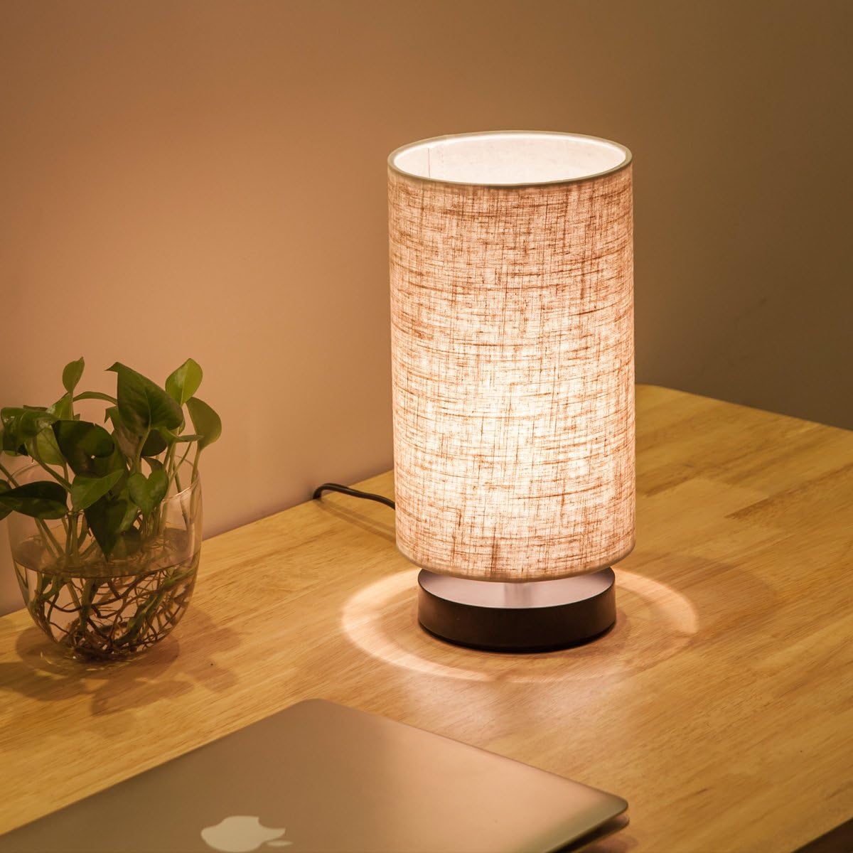 Table Lamp, Bedside Nightstand Lamp, Simple Desk Lamp, Fabric Wooden Table Lamp for Bedroom Living Room Office Study, Cylinder Black Base