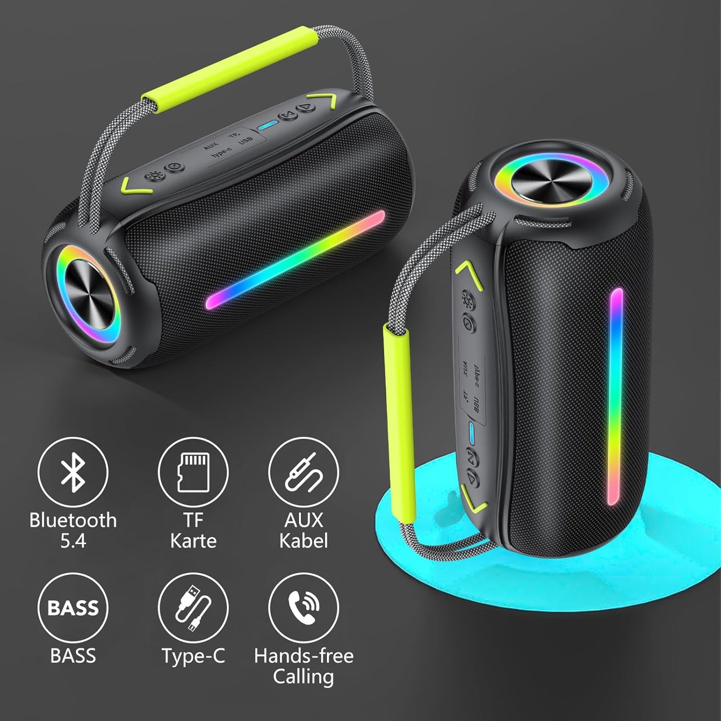 aowoka Bluetooth Speaker Portable Wireless Bluetooth Speakers with HD Stereo Sound, BT 5.4 TWS Pairing, IPX7 Waterproof, 30H Battery Life with Led Light for Outdoor/Party/Sport/Travel/Gifts