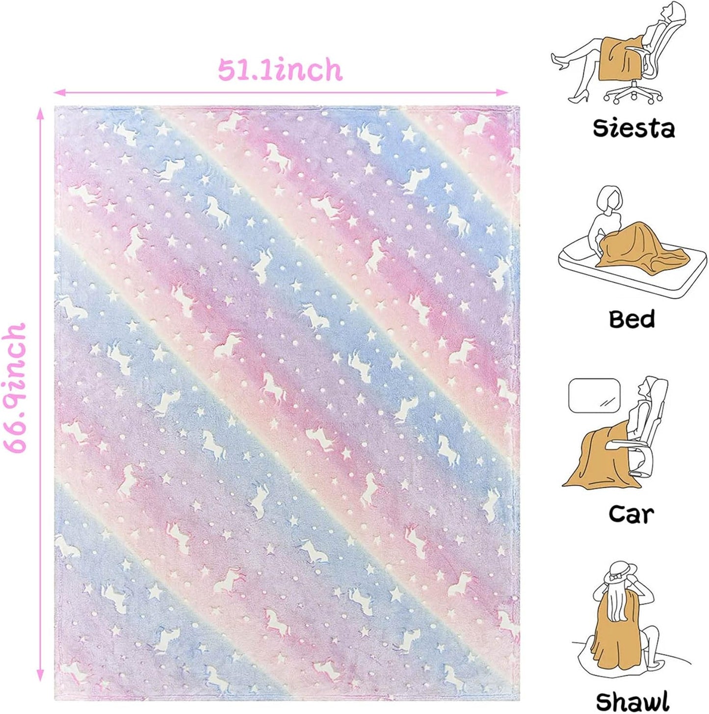 LAT Glow in The Dark Throw Blanket,Super Soft Fuzzy Plush Flannel for Girls and Boys Sleeping Snuggle Blanket,All Seasons for Bed or Sofa,50 * 60 Inch (Rainbow Unicorn)