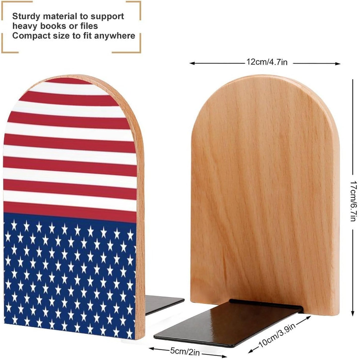 American Flag Stars Stripes Wooden Bookend Non-Slip Book Ends Heavy Duty Book Stopper with Metal Base Books Holderd Decorative Bookends Stands Firmly for Office Supplies