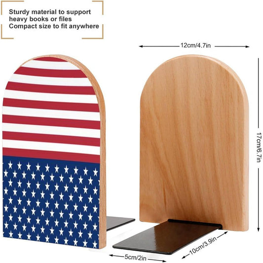 American Flag Stars Stripes Wooden Bookend Non-Slip Book Ends Heavy Duty Book Stopper with Metal Base Books Holderd Decorative Bookends Stands Firmly for Office Supplies