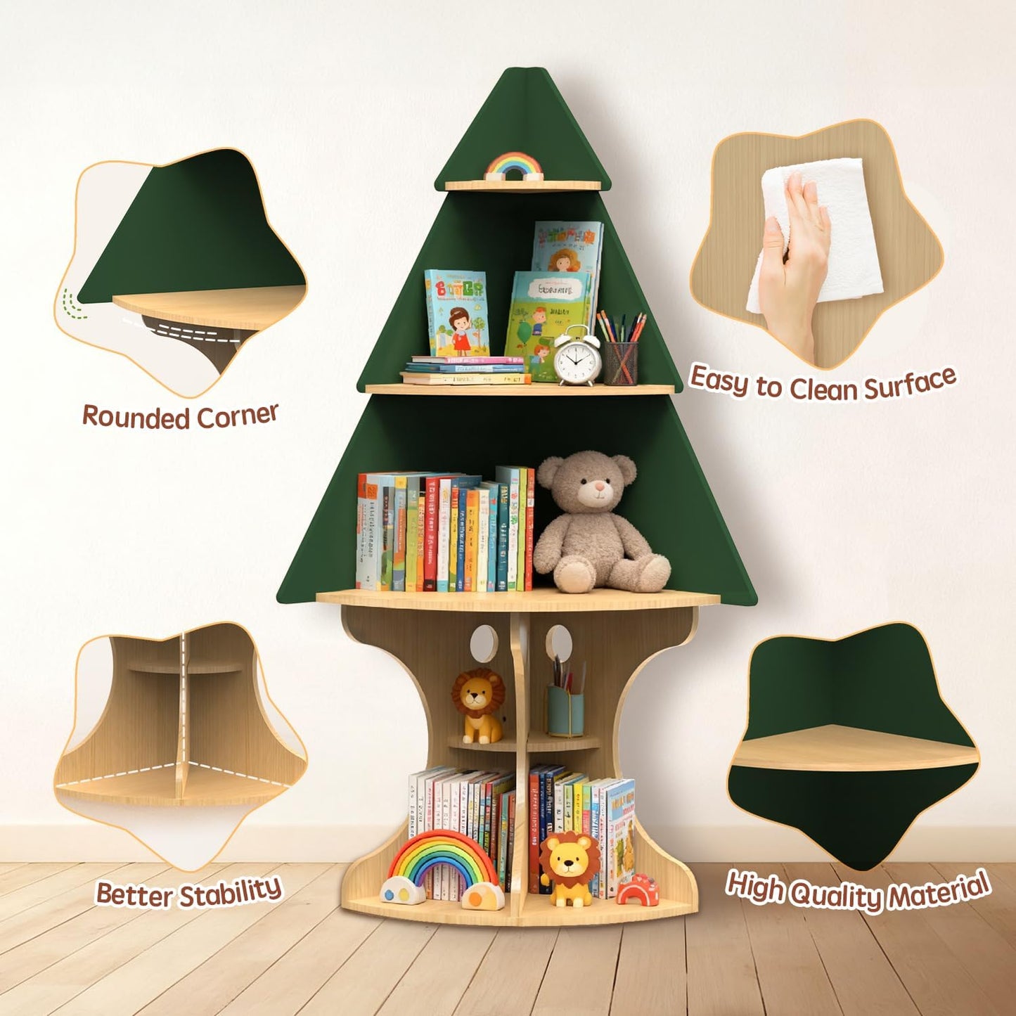 Bookshelf for Kids, Children Tree-Bookshelf, Space-Saving Montessori Toddler Corner Bookcase for Nursery, Kindergarten, Kids Rooms