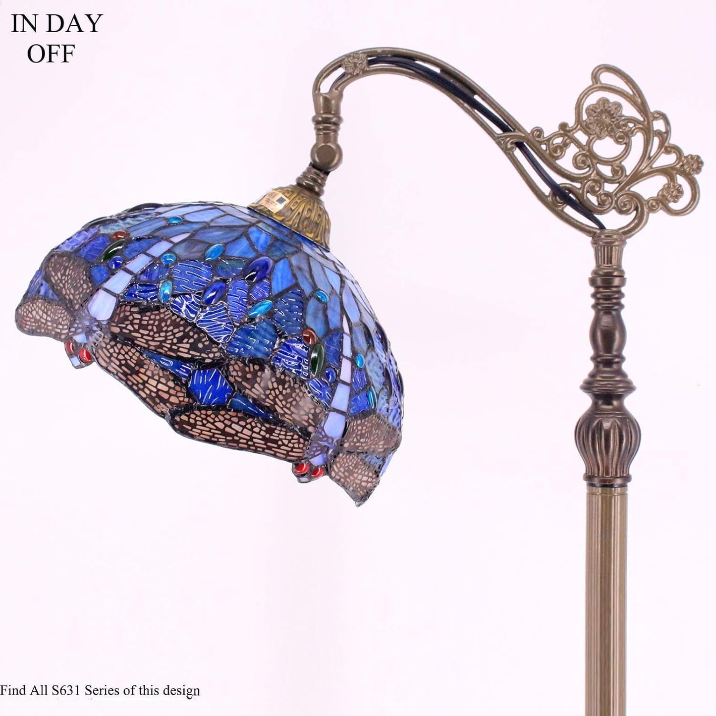 WERFACTORY Tiffany Floor Lamp Blue Stained Glass Dragonfly Arched Lamp 12X18X64 Inches Gooseneck Adjustable Corner Standing Reading Light Decor Bedroom Living Room S631 Series