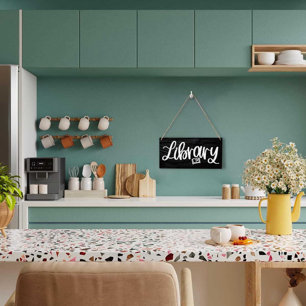 Retro Library Sign Wood Wall Art Home Farmhouse Hanging Decor Rustic Fun Black Book Lover Wooden Decorative Plaque for Office House Cafe Outdoor Indoor, 10x5 Inches