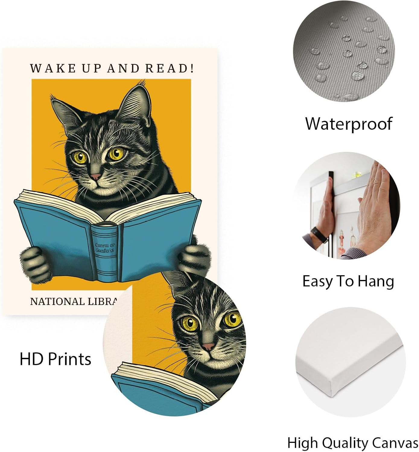 INFUNLY 9pcs Cat Reading Wall Art Prints Vintage Cool Cat Pictures Poster 8"×10" Reading Books Artwork Decor Unframed Canvas Poster Prints Aesthetic Wall Art for Bedroom Bookworm Library Home Decor