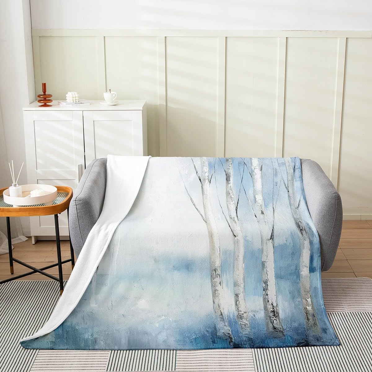 Erosebridal Watercolor Trees Throw Blanket Queen 90x90 Inch for Bedroom Living Rooms Sofa Couch,Birch Trees Fleece Blanket,Botanical Wild Plants Bed Blanket,Blue Tie Dye Flannel Blanket