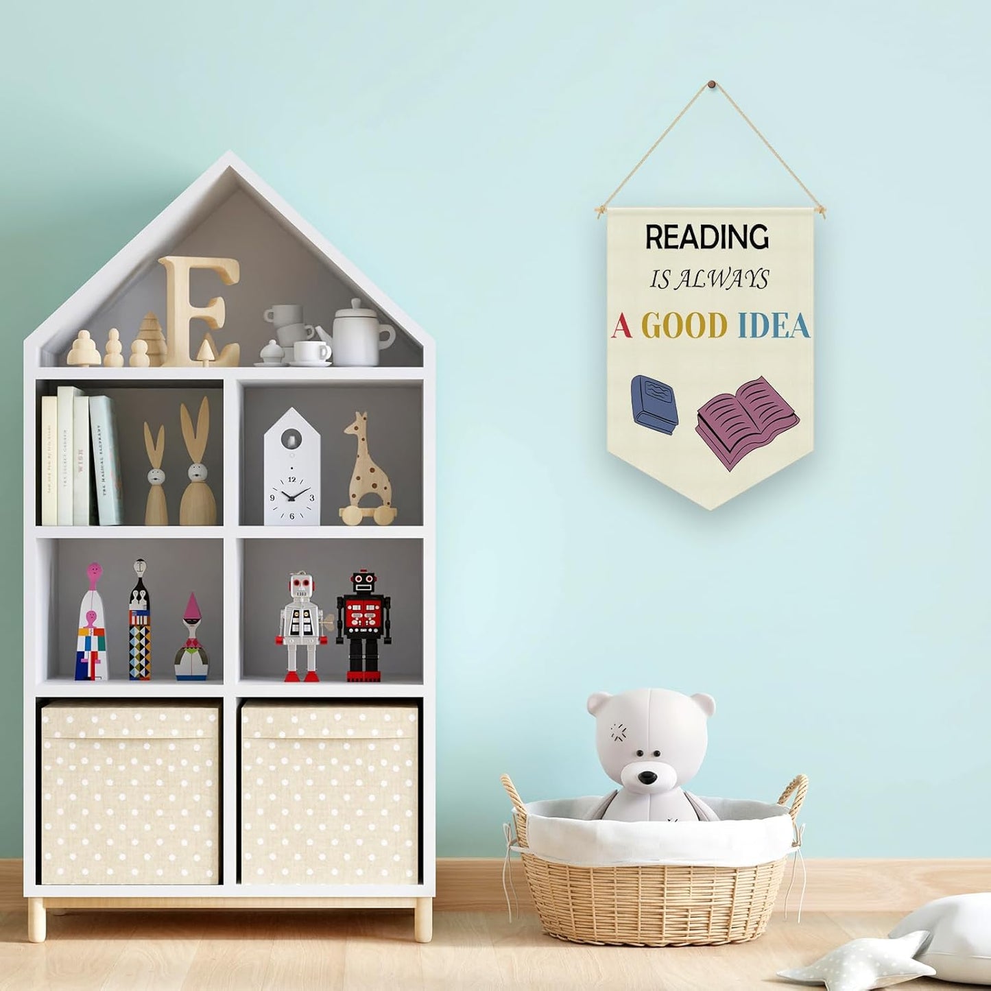Reading Corner Decor Canvas Banner Kids Reading Decor Classroom Library Playroom Wall Art Decors Hanging Pennant Flag Banner for Nursery Toddler Kindergarten Kids Room Wall Decors