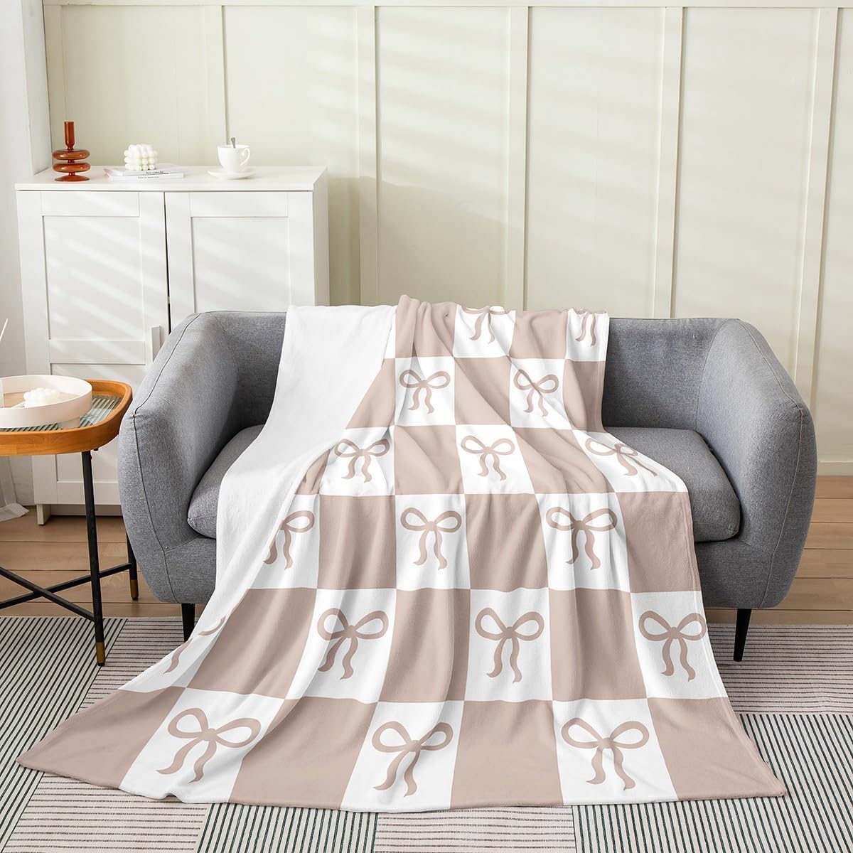 Feelyou Bow Knit Fleece Throw Blanket Checkered Flannel Blanket Plush Fuzzy Beige Brown White for Bed Couch Chair Living Room Cute Kawaii Queen 90"x90" Bedroom Decor