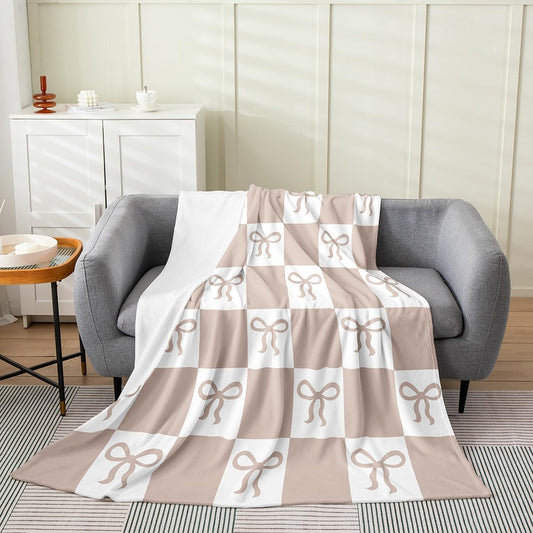 Feelyou Bow Knit Fleece Throw Blanket Checkered Flannel Blanket Plush Fuzzy Beige Brown White for Bed Couch Chair Living Room Cute Kawaii Queen 90"x90" Bedroom Decor